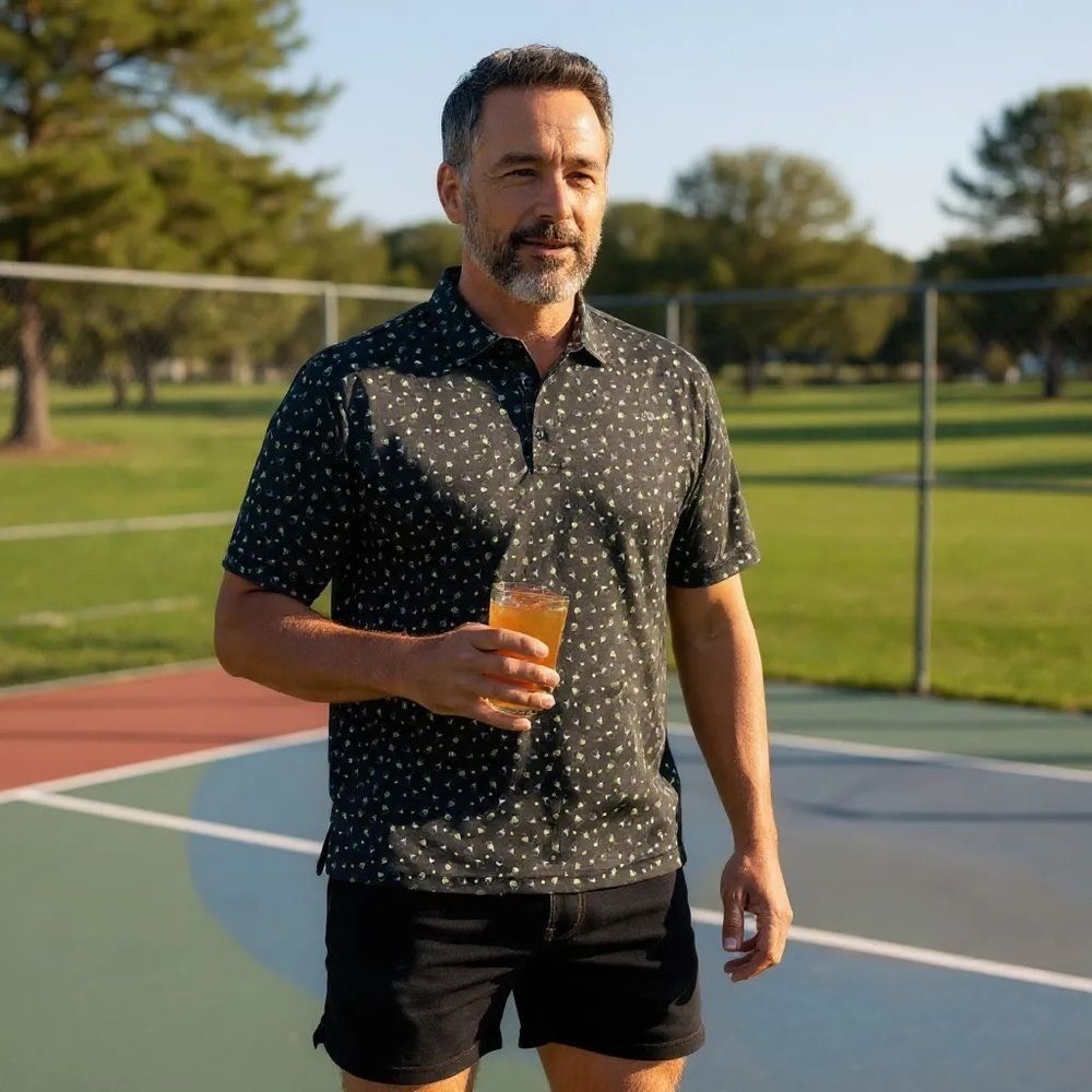 Roundtree & Yorke Black Polo Shirt with Pickleball Pattern